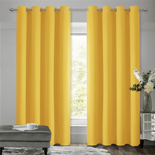 VEHEDE Bedroom Room Darkening Long Curtains, Insulated Living Room Sliding Door Curtains, Mustard Yellow Curtains, Opaque, Energy Saving and Noise Reduction, Privacy Protection, Set of 2, H 244 x W