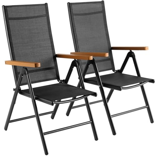 LIFERUN Gartenstühle Alu 2er Set, Gartenstuhl Hochlehner Klappbar mit 7-Fach Verstellbar Rückenlehne, Teakbraun WPC Armlehnen, Balkonstühle bis 120kg, Leicht Campingstühle, Komfortabel Wetterfest 2pcs