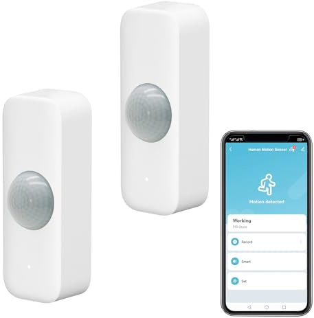 Sensor de movimiento Smart, WiFi sensor de movimiento PIR infrarrojo para sistema de alarma, detector de sensor de contacto con monitor remoto de la app, notificación de alerta, compatible Alexa. 2PCS