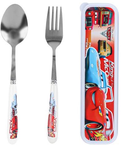 Cars Besteck Set, Besteck Tragbare, 3-Teiliges Set Auto Cartoon Besteck, Enthält Edelstahl Gabel Löffel und Besteckkasten, Kinder Geschenk, Für Schule und Haushalt