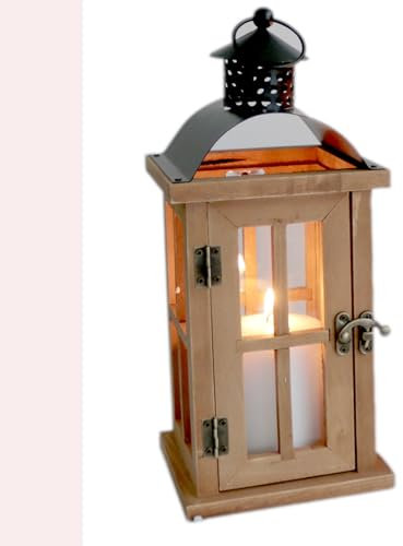 Laterne aus Holz mit Metalldach und Tragering H 29 cm - Holzlaterne - Gartenlaterne Größe 12,5 x 12,5 x 29 cm (L/B/H)