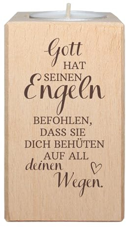 Teelichthalter mit Spruch Gott hat seinen Engeln befohlen, DASS sie Dich behüten auf All Deinen Wegen - Kerzenhalter aus Holz ca. 10x5 cm, Geschenk zur Taufe oder als Kerzenständer