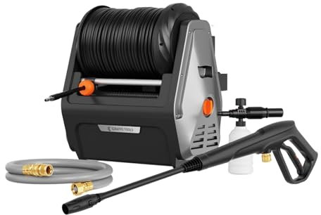 Giraffe Tools Max 165 bar högtryckstvätt, 7,6 l/min, elektrisk väggmonterad högtryckstvätt, med 30 m infällbar slang för bil, terrass, svart hård slang