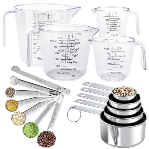 Set de 4 Verres Doseurs (150ml à 1000ml), 11 Cuillères Doseuses en Acier Inoxydable (0.6ml à 250ml) et Règle de Mesure - Outils de Précision pour Cuisine et Pâtisserie