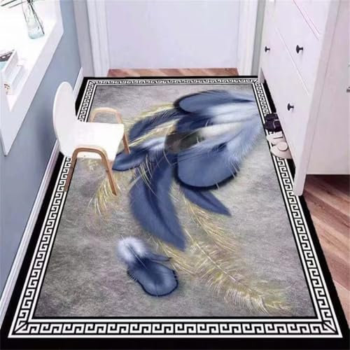 Kunsen Alfombra Lavable Infantil Limpia alfombras no deformado Alfombra para el hogar, Alfombra Gris, diseño con Estampado de Plumas Azules Que se Puede Personalizar 100X200CM