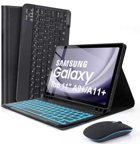SOPPY Bakbelyst tangentbordsfodral med mus för Samsung Galaxy Tab A11 Plus 11 tum 2025/A9 Plus 11 tum 2023, brittisk layout, smalt magnetiskt fodral med avtagbart trådlöst tangentbord för Samsung Tab