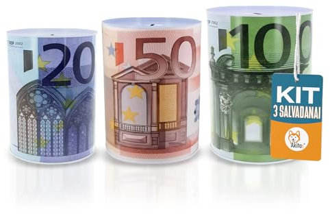 Akitaink - Set 3 Salvadanai Euro in Metallo 3 PZ, Kit Salvadanaio non apribile- Soldi Carta Moneta - Piccolo, Medio, Grande, Design Vintage