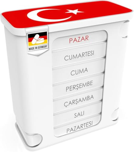 Kerpers® Boîte à comprimés 7 jours | FABRIQUÉ EN ALLEMAGNE | Pilulier avec 4 compartiments - matin, midi, soir, nuit | Boîte à médicaments pour comprimés et suppléments (1x Turc)