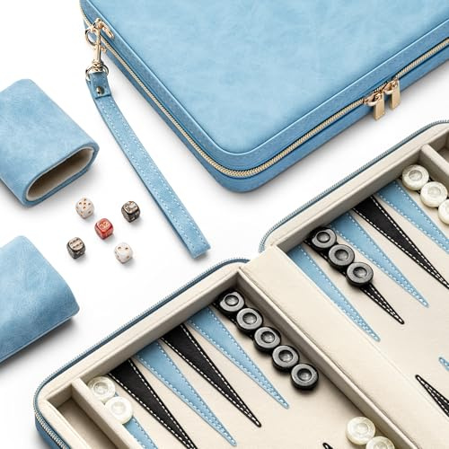 Lingle Jeux de Backgammon de 23,9 cm pour Adultes, Jeu de société Classique avec étui de Backgammon Pliable en Simili Cuir, Ensemble de Voyage Portable, Comprenant 30 Dames en Corne (Bleu)