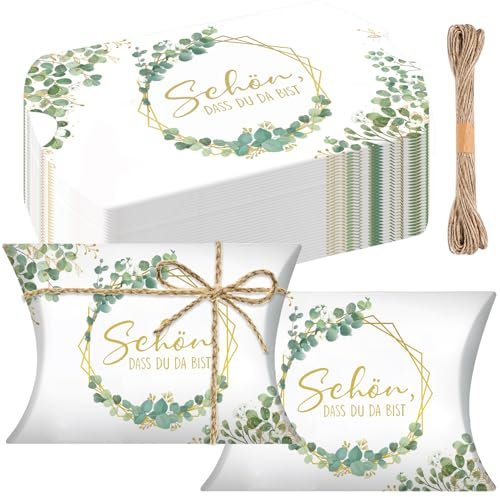 Joycabin 50 Stück Schön Dass Du Da Bist Gastgeschenke Geschenkboxen Kissenschachteln Geschenkschachtel mit Eukalyptus Design Pralinenschachtel Leer Geschenkkartons für Hochzeit Taufe Partygeschenke