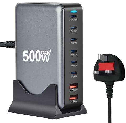 500W USB C Charger Hub,GaN III 8 Port USB-C Charging Station Hub with 6 USBC and 2 USB A Port,Support Max PD100W, 65W, 20W Compatible with MacBook Pro,Steam Deck,iPh0ne 16/15/14 iPad Series,Sam-sung