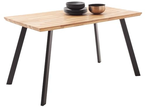 Lomadox Esszimmer Massivholz-Esstisch Tisch 140x75 cm in Wildeiche massiv geölt mit Schweizer Kante und Metallbeinen, Echtholz