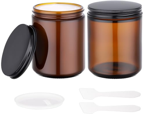 Segbeauty Lot de 2 bocaux ronds en verre ambré de 250 ml avec couvercles, vides pour échantillon, récipients de rangement rechargeables avec doublures intérieures, bocal en verre épais à large