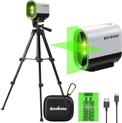 Enventor Laser Wasserwaage mit Stativ, Grüner Kreuzlinienlaser 25m Reichweite, Selbstnivellierend, 2200mAh Akku, Pulsmodus, Horizontal/Vertikal/Kreuzlinien für Innenausbau und Bauwesen | IP54, Genauigkeit ±3 mm/10 m, manueller Modus, 360°-Magnethalter, Stativhöhe 32–65 cm