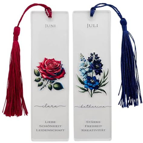 Darina Handmade® Personalisiertes Acryl-Lesezeichen mit Geburtsblume & Name, 12 Monatsblumen, Geschenk für Buchliebhaber, Geburtstagsgeschenk mit Quaste