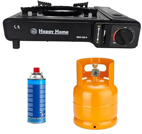 Hornillo de gas para camping portátil con doble casquillo para cartuchos de butano o bombona GLP, negro, maletín incluido, cocina exterior ajustable, dimensiones 34 x 28,5 x 8,4 cm.