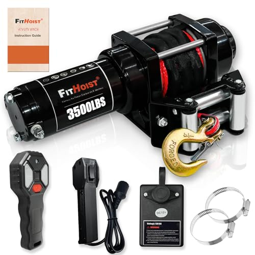 FITHOIST - Cabrestante eléctrico de 3500 libras con cuerda sintética roja - IP68 impermeable de 12 V para remolque de barco