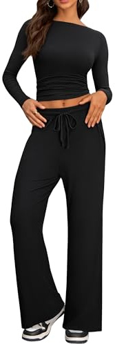 IEEILULU Due Pezzi Completi da Casual Confortevole Donna, Moda Casa Jogging Top con Maniche Lunghe e Pieghe e Laterali e Pantaloni Larghi per Casa e Viaggi (Nero, XL)