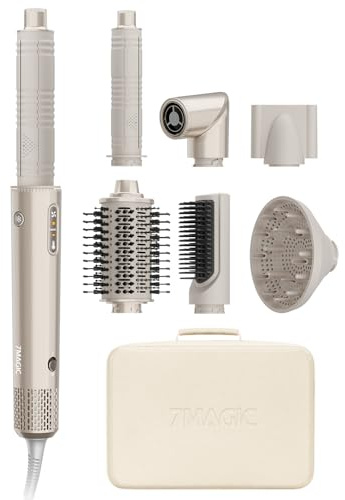7MAGIC Cepillos de Aire Caliente 7in1, 1400W, 110000RPM, Tecnología Coanda, sin Daño por Calor, Alisa, Moldea y Riza tu Cabello, Moldeador, Air Styler Profesional Iónico, con Estuche de Viaje