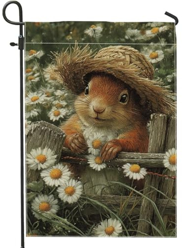 Niedliche Hasen-Gartenflagge, braunes Kaninchen mit Strohhut, florale Outdoor-Dekoration, doppelseitige Jute-Frühlingsdekoration für Rasen und Garten, 30,5 x 45,7 cm