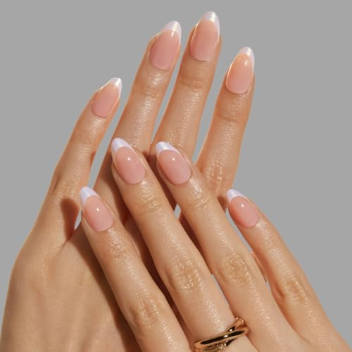 LAMIMOSA 32Pcs French Tip False Nails with Glue - Short Almond Press on Nails kit with Glue, Soft Gel Fake Nail in 16 Sizes, Reusable Stick on Nails, Glue On Nails, TWILIGHT FRENCH