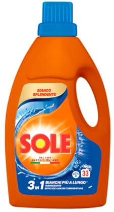 Sole Detersivo Lavatrice Bianco splendente 33 Lavaggi, Formula igienizzante, Detersivo Lavatrice Liquido Bianco Splendente, rimuove le macchie a basse temperature