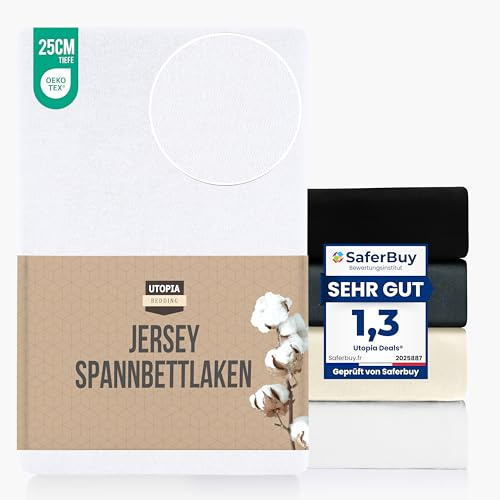 Utopia Bedding Jersey Spannbettlaken Weiß 100 x 200 cm | Matratzenhöhe Bis 25 cm - Bettlaken Baumwollmischung