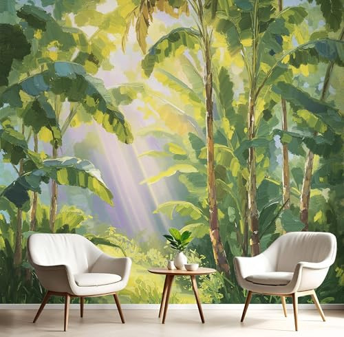 GSAEIMCT Photo Papier Peint Vert Bananier Ensoleillé 3D Peintures Murales Restaurant Café Fond Peinture À L'Huile Tropicale Chambre Bureau Couloir D'Écran Salon Tv D'Écran Mural Déco,300X210Cm