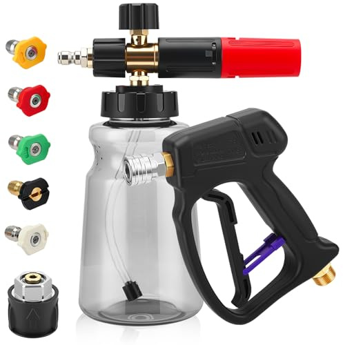 Pistolet de Nettoyage Haute Pression 5200 PSI avec Lance à Mousse 1L et 5 Buses pour Nettoyage de Voiture, Adaptateur Compatible Karcher