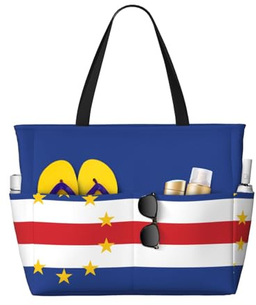 sizaCVC Large Capacity Tote Bag – Flag of Cape Verde Print Travel Beach Shopping Bag with Multiple Pockets for Vacation, Camping, Gym