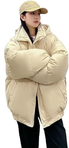 YCHUCH Piumino invernale da donna a maniche lunghe trapuntato con cappuccio imbottito con cerniera colletto alla coreana oversize parka con tasche in cotone, bianco, XL
