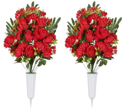 Hupiosy 2PCS Artificial Red Cemetery Flowers, Mixed Chrysanthemum and Peony Flower Bouquets, Cemetery Flowers with Vase for Memorial Day Funeral Floral Arrangements,Headstone Decorations (Red)
