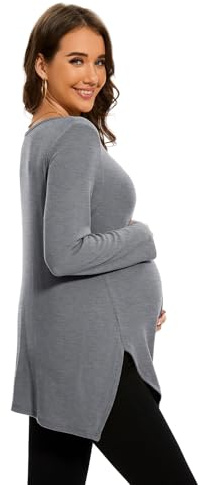 Smallshow Top premaman da donna con spacco laterale, maglia a maniche lunghe, vestiti per gravidanza, Grigio chiaro, M