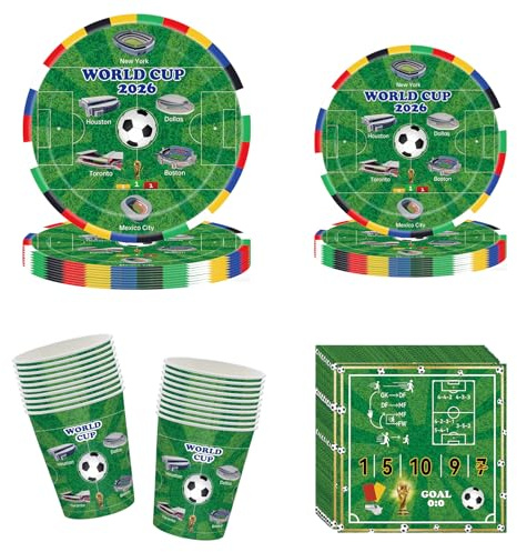 Qqianwan WM 2026 Fussball Partygeschirr Set, 80 Stück Pappgeschirr mit Pappteller Pappbecher Servietten für 20 Gäste, Grüne Papier Teller und Becher, Fußball Party Geschirrset für Tischdeko Zubehör