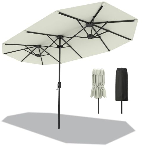 Outsunny Parasol de Jardin Extérieur 4,6x2,7 m, Grand Parasol Double Rectangulaire avec Manivelle, Polyester 180g/m², Protection UV 50+, Housse de Protection, 10 Personnes, pour Patio Terrasse, Crème