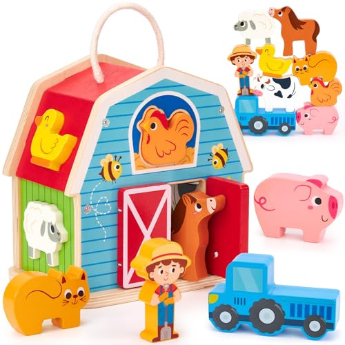 hahaland Juguetes Niños 1 2 Años Montessori - 4 en 1 Juguete de Granja con 7 Animales y Granero, Juego Apilable y de Clasificación de Madera, Regalo Bebé 1 2 3 Años
