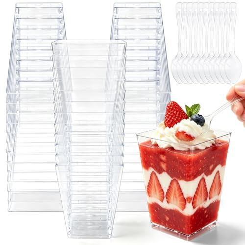 48 Stück Dessertbecher Plastik.160ML mit Löffeln Wiederverwendbar Klare Dessertgläser Quadratisch Trapezform Dessertschalen für Pudding Mousse Eiscreme Buffet Party Catering Zuhause Verwendung