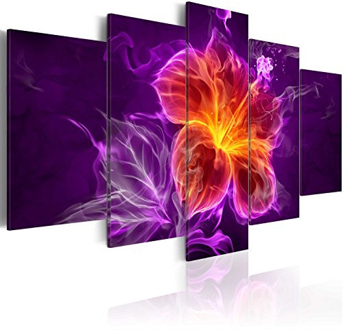 B&D XXL - Wandbilder XXL Abstrakt 225x112cm 5 tlg - Wand Deko Leinwand Bilder Groß Wanddeko Wohnzimmer Schlafzimmer Kunstdrucke - Feuerblume Lilien Flamme Blätter violett orange