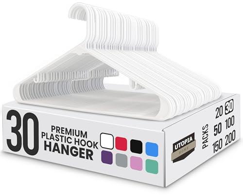 Utopia Home Graue Kunststoff-Kleiderbügel, 30 Packungen mit Haken – langlebige und stabile, platzsparende Kleiderbügel für Mäntel, Röcke, Hosen, Kleider usw. (Weiß, 30er-Pack)