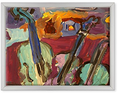 Bild auf Leinwand, gerahmt, mit Rahmen, Jazzmusik, Bass-Saxophon, Violine, Kontrabass, Illustration, Öleffekt, 30 x 40 cm, moderner Stil, Weiß