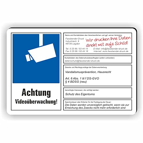 Fassbender-Druck SCHILDER dsgvo BDSG mit Wunschtext - Videoüberwachung Schild/VÜ-014 (15x10cm SCHILD)
