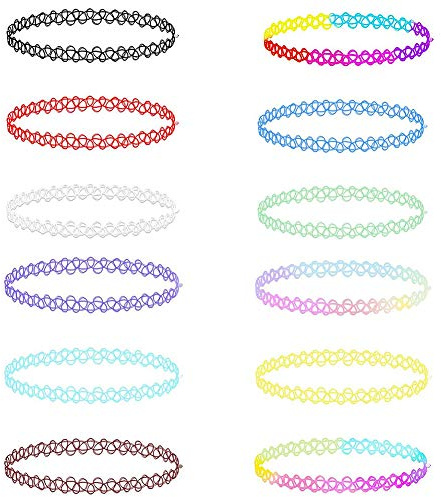 Soleebee 12 Stück Tattoo Choker Halskette Set Mode Stretch Gothische Elastische Halsband Schmuck-Sets Damen Halskette Schmuck für Frauen Mädchen (Bunte Tattoo Choker)