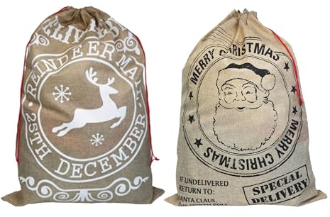 Sacos navideños. Sacos grandes de arpillera de lino de 50 x 70 cm. Bolsa de regalo de arpillera con cordón de Navidad. Paquete de 2. (Blanco y negro)