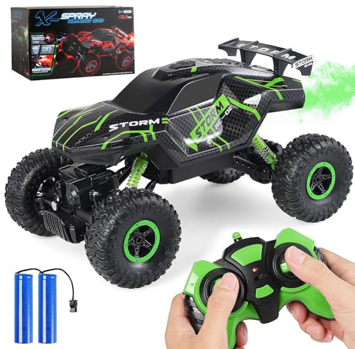 Herefun Ferngesteuertes Auto, 2.4GHz Offroad RC Auto, 4WD Ferngesteuerter Monstertruck mit LED Licht + Spray, Wiederaufladbar High Speed RC Truck, Geländewagen Auto für Kinder ab 4 5 6 7 8 9 10 Jahr