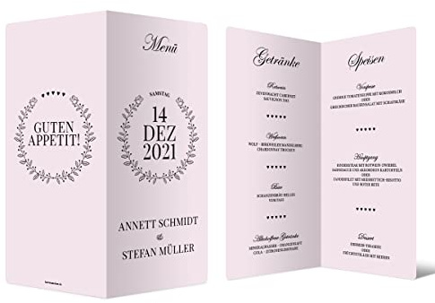 20 x Hochzeit Menükarten Speisekarten Getränkekarten individuell gestalten DIN Lang hoch Klappkarte mit abgerundeten Ecken - Rosa Chic