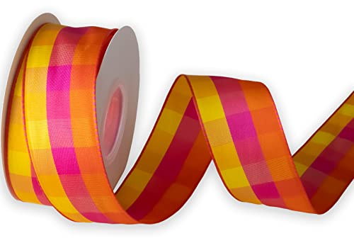 KLTRIBBON Geschenkband mit Draht, kariert, Orange, Pink, Gelb, 3,8 cm x 10 m, für Ostern, Frühling, Sommer, Geburtstag, Kranz, Geburtstag, Geschenkschleifen, Weihnachten