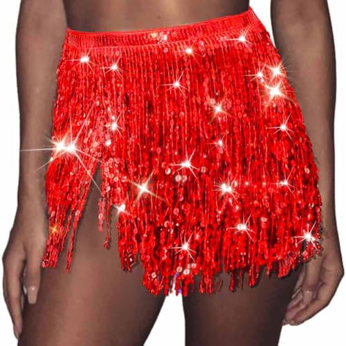 Ushiny Sparkle Silvester Paillette Fringe Weihnachten Mini Röcke Sparkly Tassel Rave Kostüm Festvial Shorts für Damen