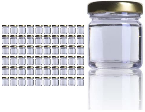 Aucomptoirdesflacons 60 x Mini bocaux en verre 40ml avec couvercle (Or/Argent/Blanc/Noir) + 1 spatule-cuillère en inox (Miel, confiture, pâté, marmelade, bonbons..) - Made in France (OR)