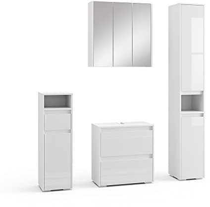 Vicco Badmöbel-Set Majest, Weiß Hochglanz, 60 cm | besteht aus Waschbeckenunterschrank, Spiegelschrank, Hochschrank und Midischrank