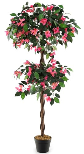 RELAX4LIFE Kunstpflanze, Kunstbaum mit Blüten, Künstliche Pflanzen im Topf, Zimmerpflanze mit 630 Blättern & 252 Rosa Blüten & Stamm, Grünpflanze 150 cm, Dekopflanze für Wohnzimmer Büro Eingang
